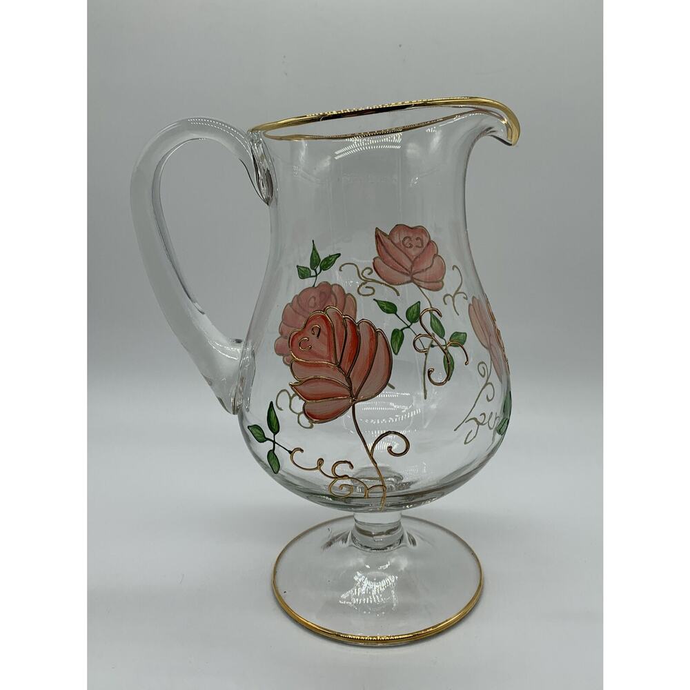 Handcrafted Hand Painted Floral Relief Crystal Clear Gold Accent Pitcher Romania